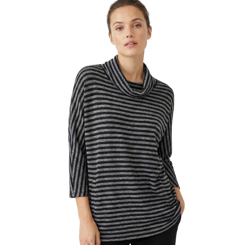 Talbots Cowl Neck Top Womens Small Black Grey Striped 3/4 Sleeve Pockets Dolman